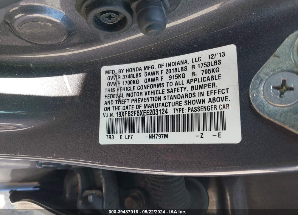 2014 HONDA CIVIC LX VIN: 19XFB2F5XEE203124
