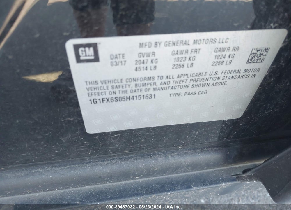 2017 CHEVROLET BOLT EV PREMIER VIN: 1G1FX6S05H4151631