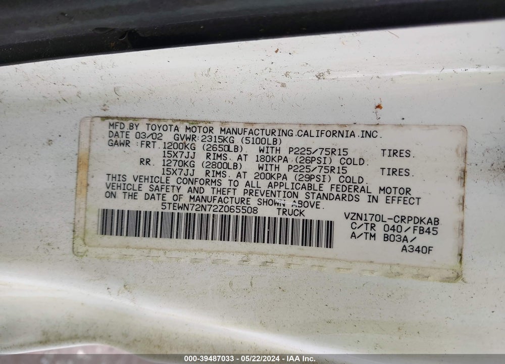 2002 TOYOTA TACOMA BASE V6 VIN: 5TEWN72N72Z065508