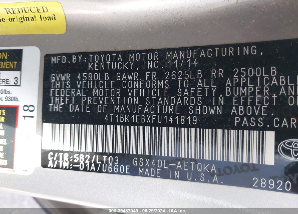 2015 TOYOTA AVALON XLE TOURING VIN: 4T1BK1EBXFU141819