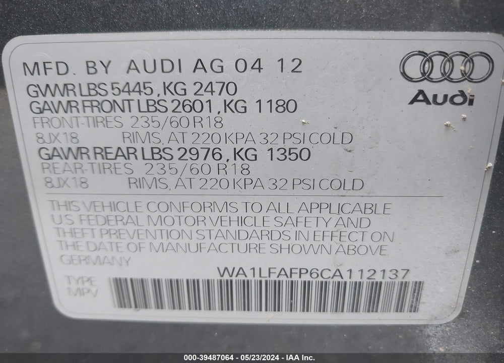 2012 AUDI Q5 2.0T PREMIUM VIN: WA1LFAFP6CA112137