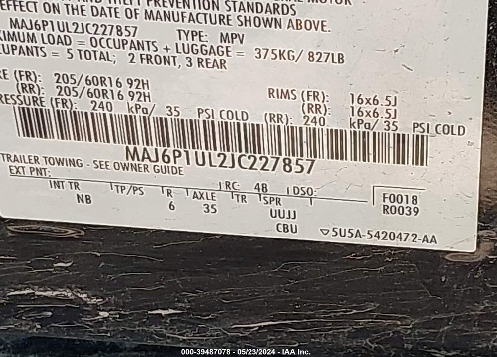 2018 FORD ECOSPORT SE VIN: MAJ6P1UL2JC227857