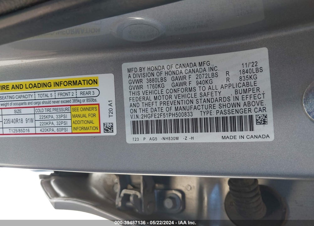 2023 HONDA CIVIC SPORT VIN: 2HGFE2F51PH500833
