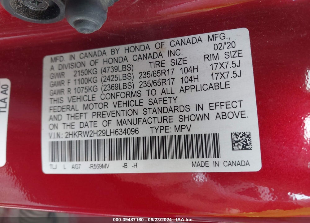 2020 HONDA CR-V AWD LX VIN: 2HKRW2H29LH634096