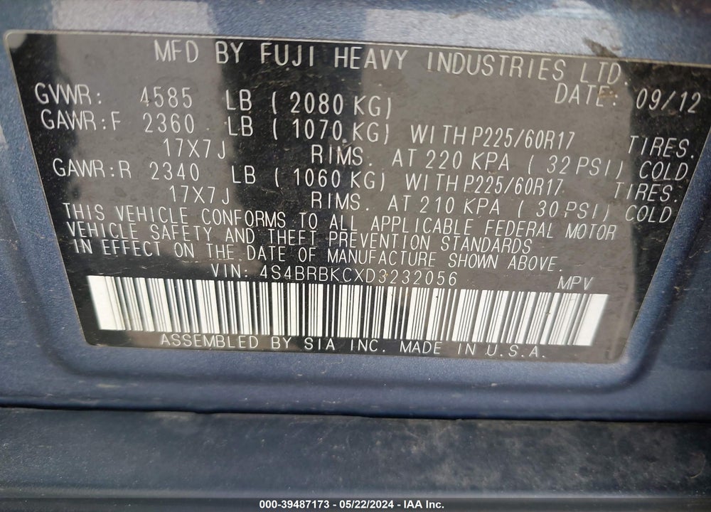 2013 SUBARU OUTBACK 2.5I LIMITED VIN: 4S4BRBKCXD3232056