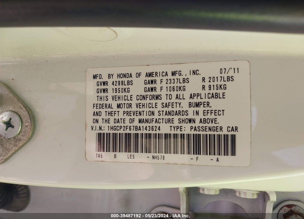 2011 HONDA ACCORD 2.4 SE VIN: 1HGCP2F67BA143624