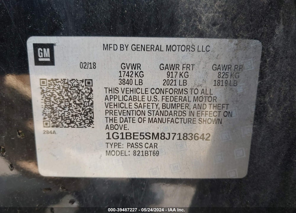 2018 CHEVROLET CRUZE LT AUTO VIN: 1G1BE5SM8J7183642