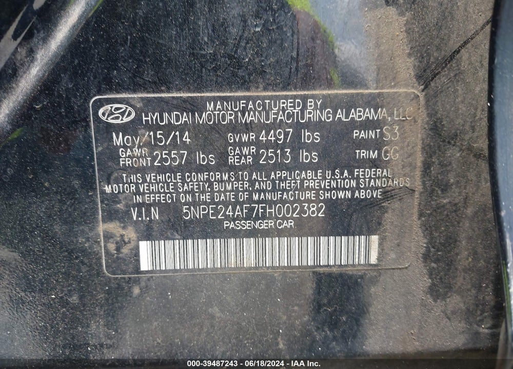 2015 HYUNDAI SONATA SE VIN: 5NPE24AF7FH002382