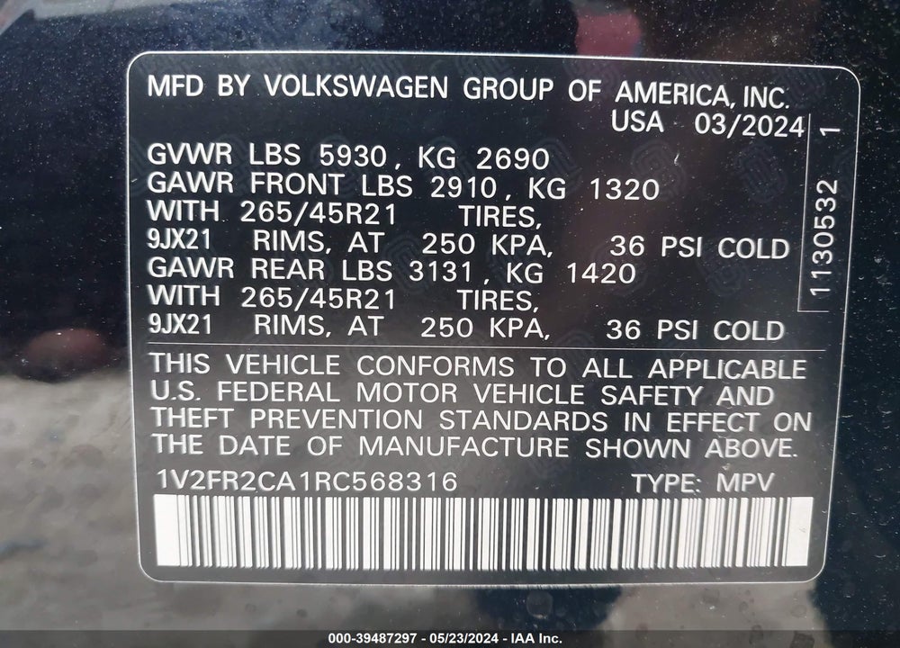2024 VOLKSWAGEN ATLAS 2.0T SEL PREMIUM R-LINE VIN: 1V2FR2CA1RC568316