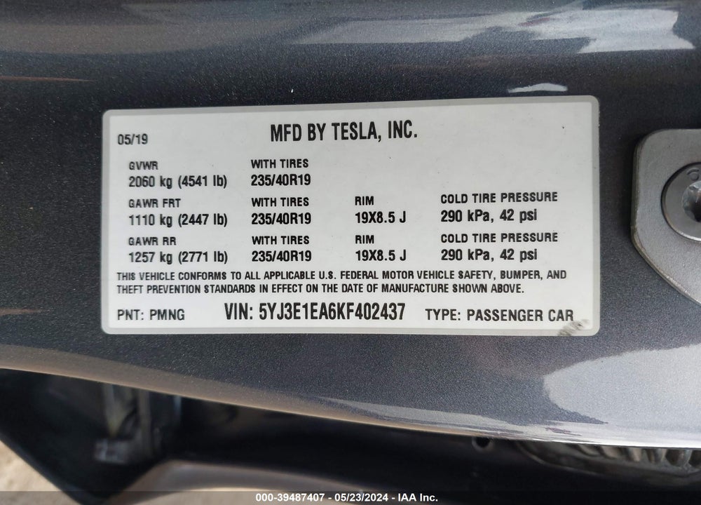 2019 TESLA MODEL 3 LONG RANGE/MID RANGE/STANDARD RANGE/STANDARD RANGE PLUS VIN: 5YJ3E1EA6KF402437