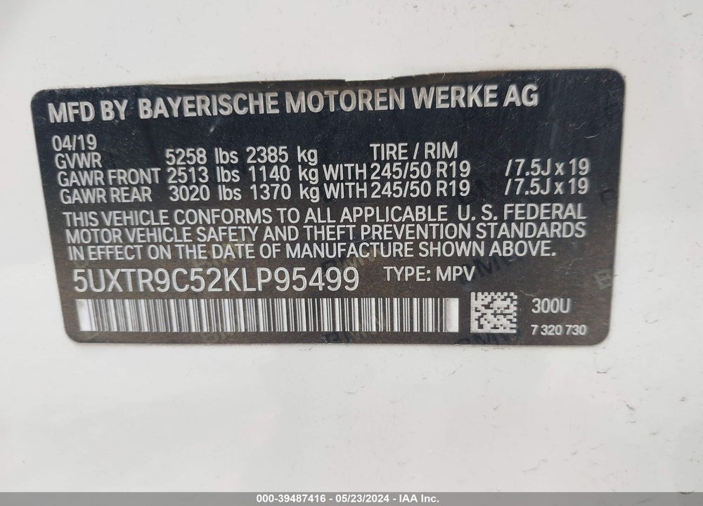 2019 BMW X3 XDRIVE30I VIN: 5UXTR9C52KLP95499