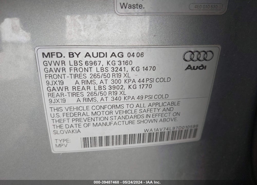 2007 AUDI Q7 4.2 VIN: WA1AV74L97D010588