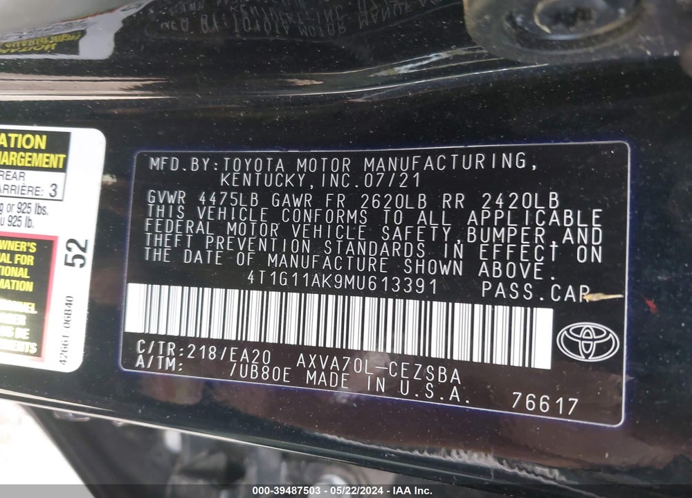 2021 TOYOTA CAMRY SE VIN: 4T1G11AK9MU613391