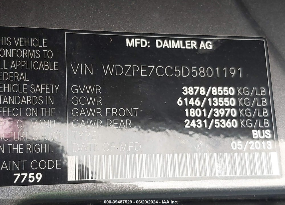 2013 MERCEDES-BENZ SPRINTER 2500 NORMAL ROOF VIN: WDZPE7CC5D5801191
