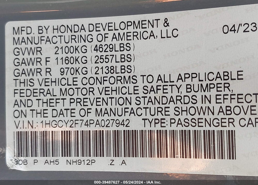 2023 HONDA ACCORD HYBRID SPORT-L VIN: 1HGCY2F74PA027942