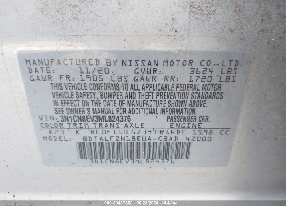 2021 NISSAN VERSA SV XTRONIC CVT VIN: 3N1CN8EV3ML824376