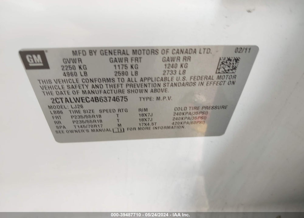 2011 GMC TERRAIN SLT-2 VIN: 2CTALWEC4B6374675