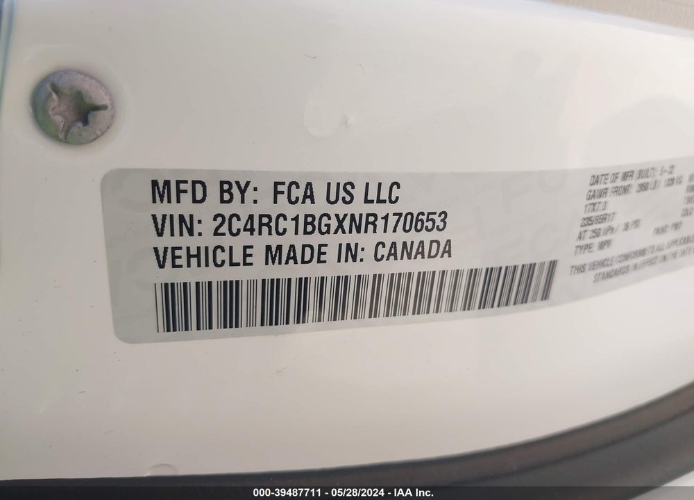 2022 CHRYSLER PACIFICA TOURING L VIN: 2C4RC1BGXNR170653