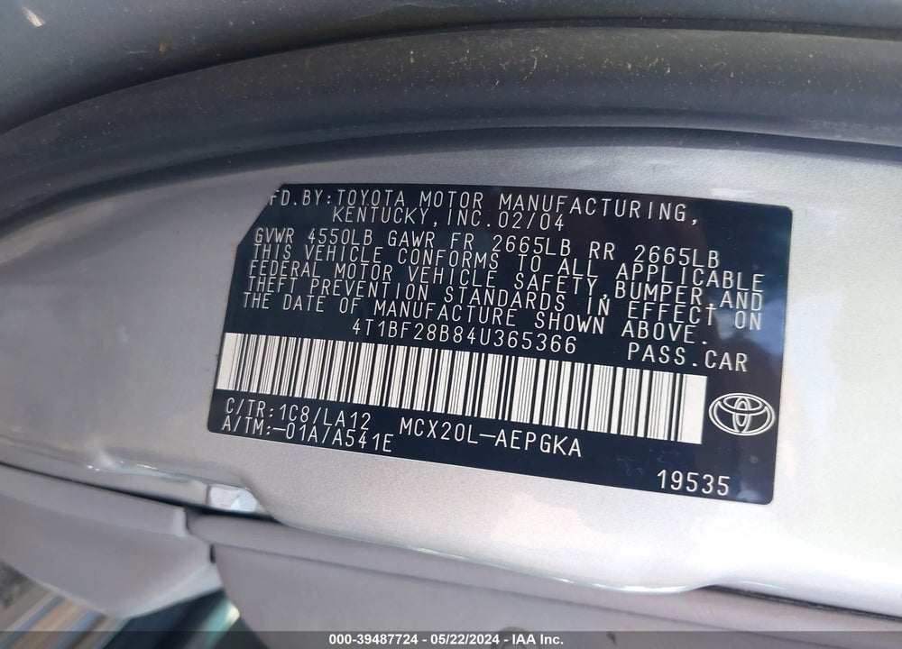 2004 TOYOTA AVALON XLS VIN: 4T1BF28B84U365366