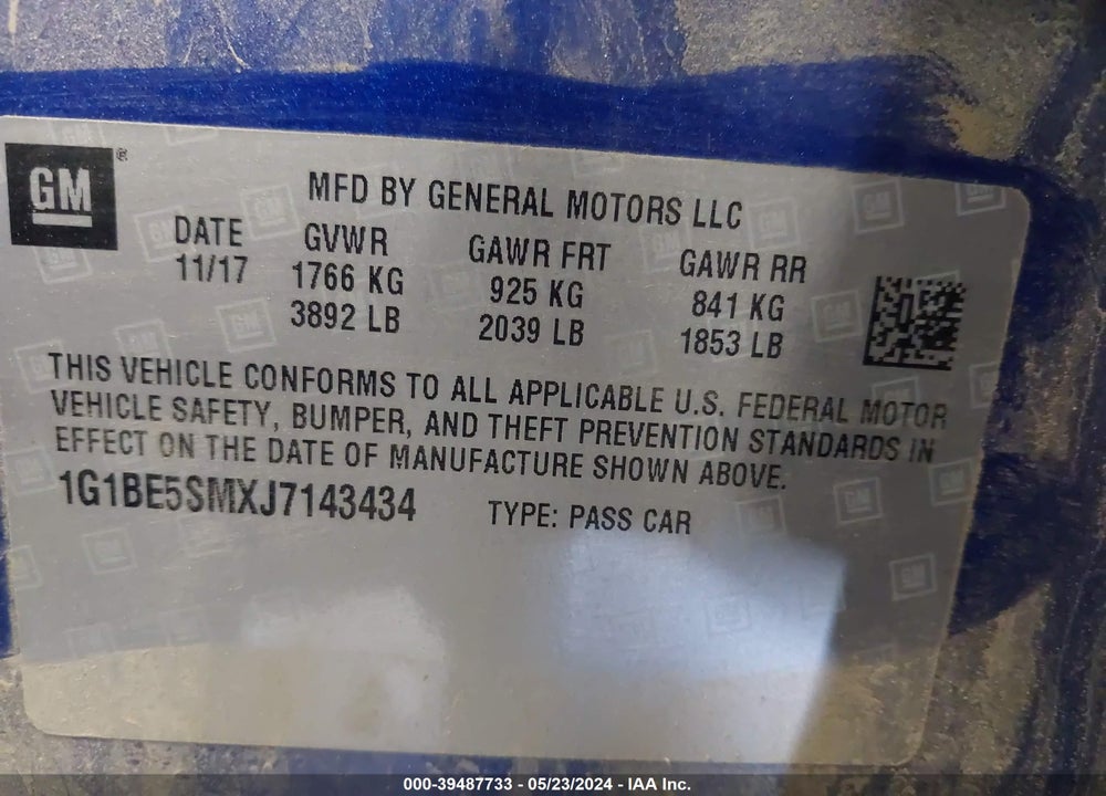 2018 CHEVROLET CRUZE LT AUTO VIN: 1G1BE5SMXJ7143434