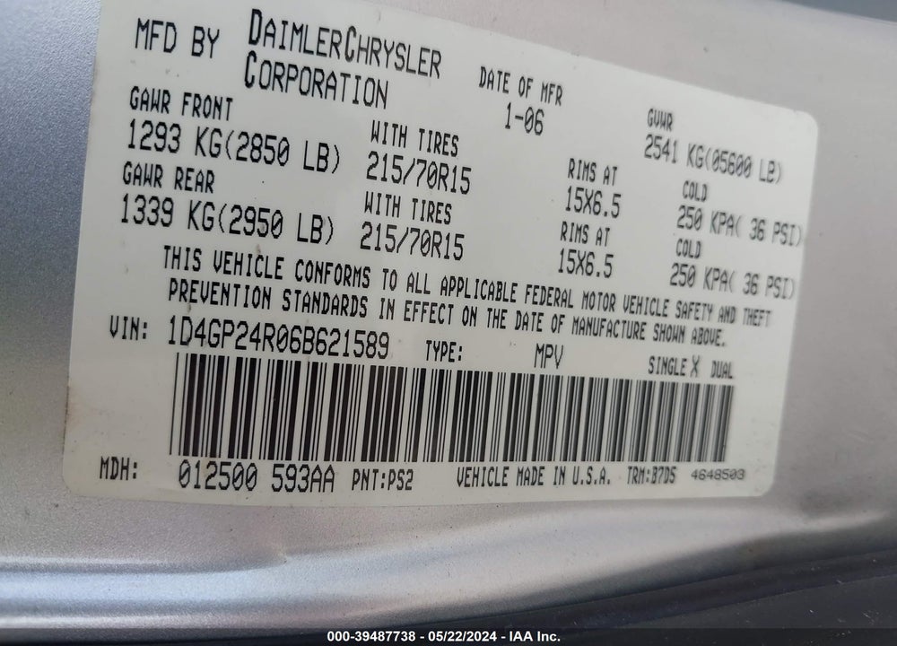 2006 DODGE GRAND CARAVAN SE VIN: 1D4GP24R06B621589