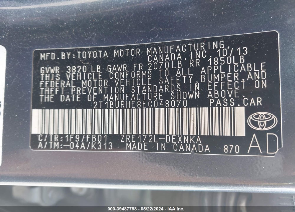 2014 TOYOTA COROLLA LE VIN: 2T1BURHE8EC048070