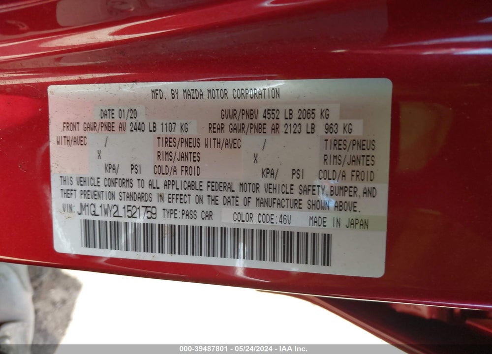 2020 MAZDA 6 GRAND TOURING RESERVE VIN: JM1GL1WY2L1521759