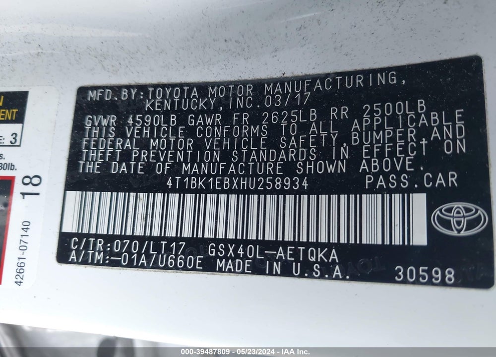 2017 TOYOTA AVALON TOURING VIN: 4T1BK1EBXHU258934