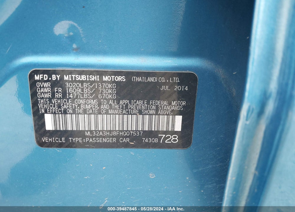 2015 MITSUBISHI MIRAGE DE VIN: ML32A3HJ8FH007537