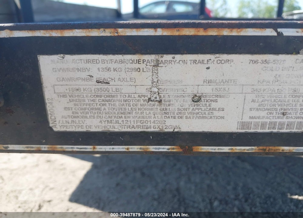 2015 CARRY ON FLATBED TRAILER 6X12 VIN: 4YMUL1211FG014202