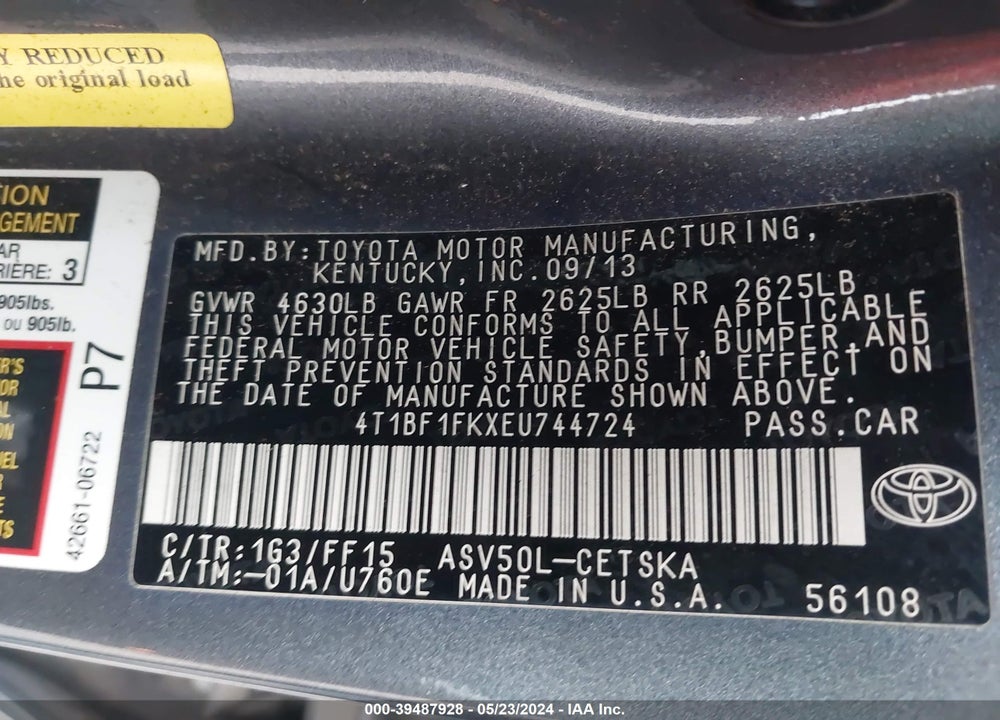2014 TOYOTA CAMRY VIN: 4T1BF1FKXEU744724