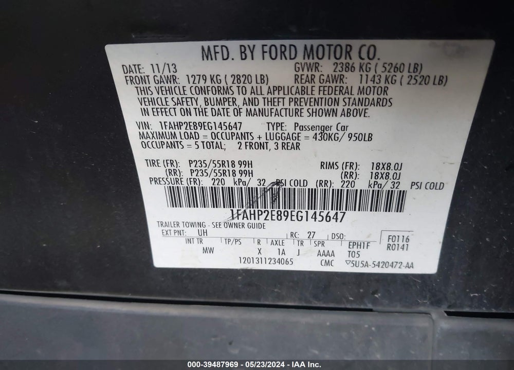 2014 FORD TAURUS SEL VIN: 1FAHP2E89EG145647