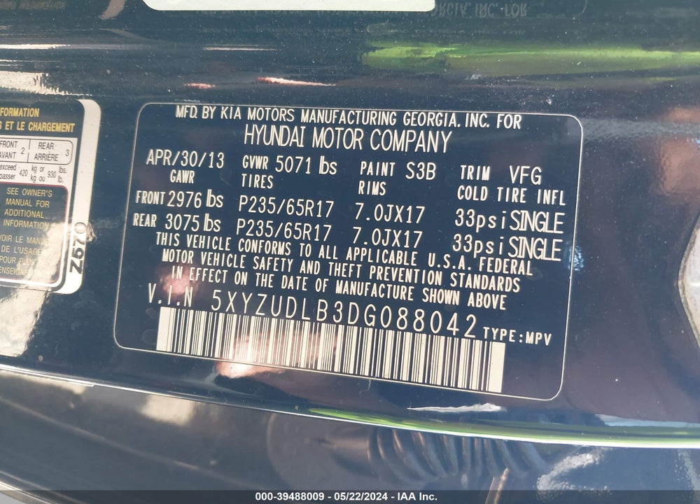 2013 HYUNDAI SANTA FE SPORT VIN: 5XYZUDLB3DG088042