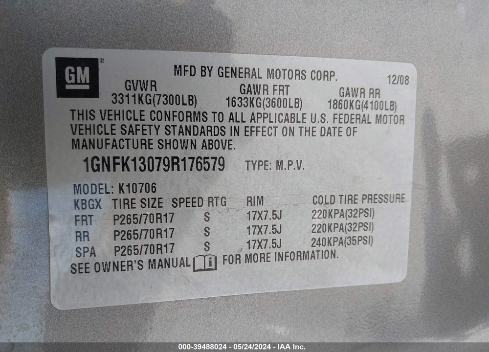 2009 CHEVROLET TAHOE COMMERCIAL FLEET VIN: 1GNFK13079R176579