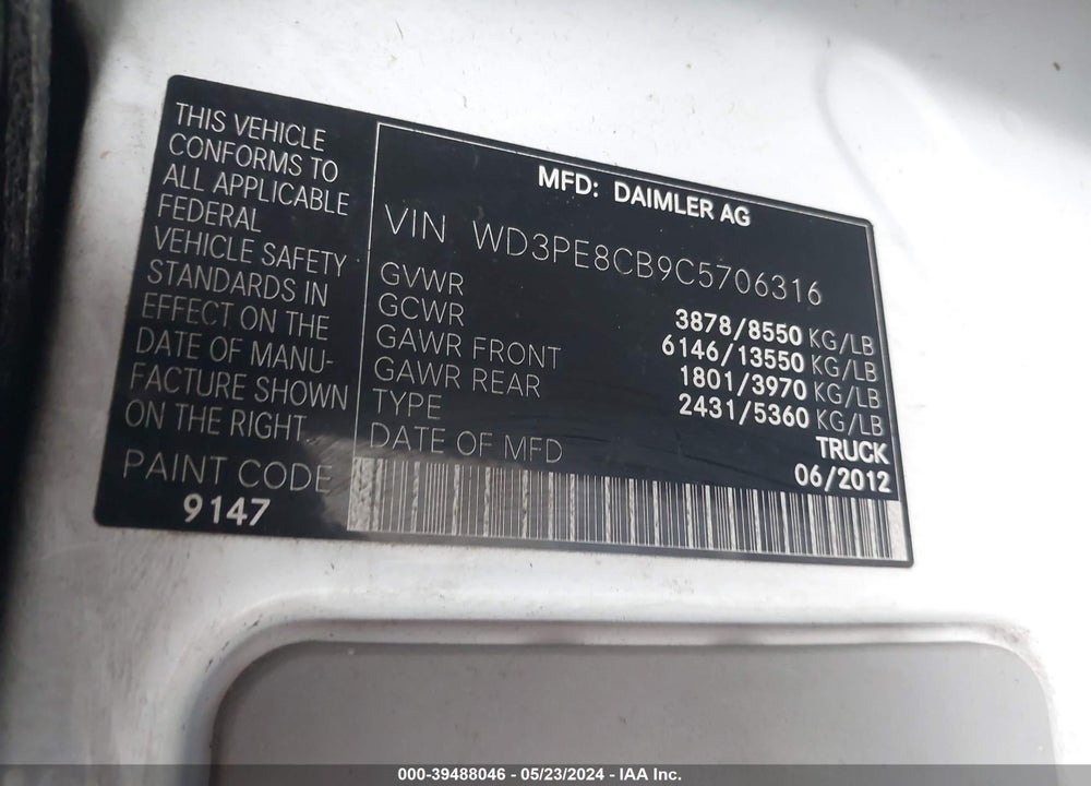 2012 MERCEDES-BENZ SPRINTER 2500 HIGH ROOF VIN: WD3PE8CB9C5706316