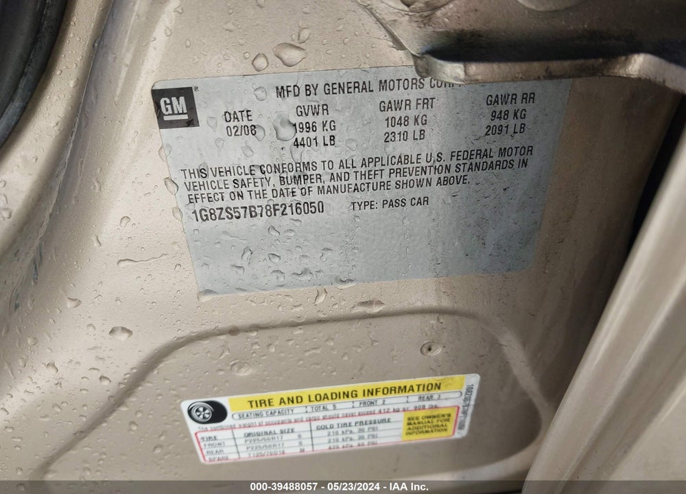 2008 SATURN AURA XE VIN: 1G8ZS57B78F216050