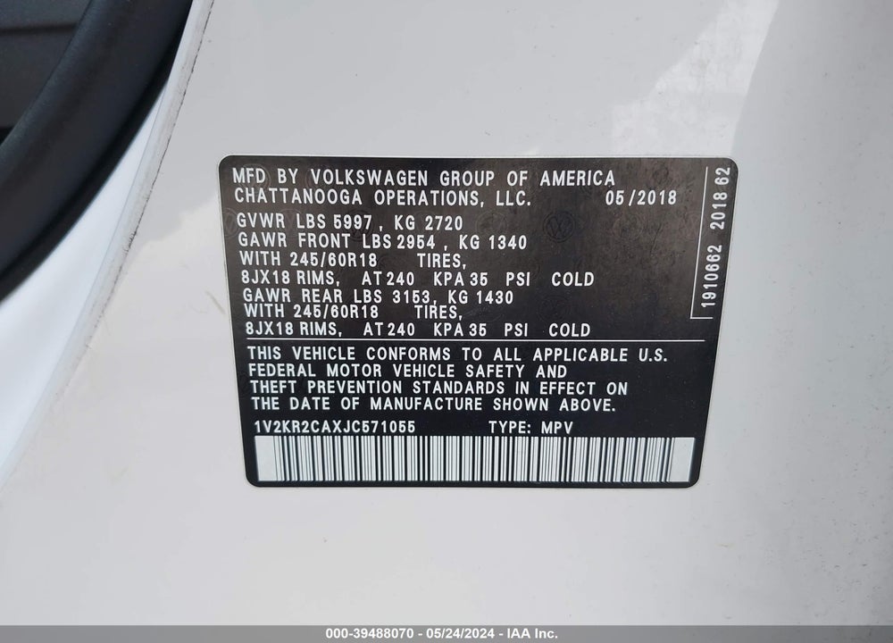 2018 VOLKSWAGEN ATLAS 3.6L V6 SE VIN: 1V2KR2CAXJC571055