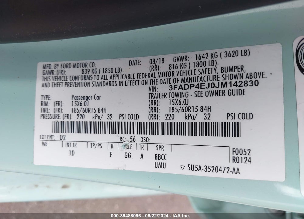 2018 FORD FIESTA SE VIN: 3FADP4EJ0JM142830