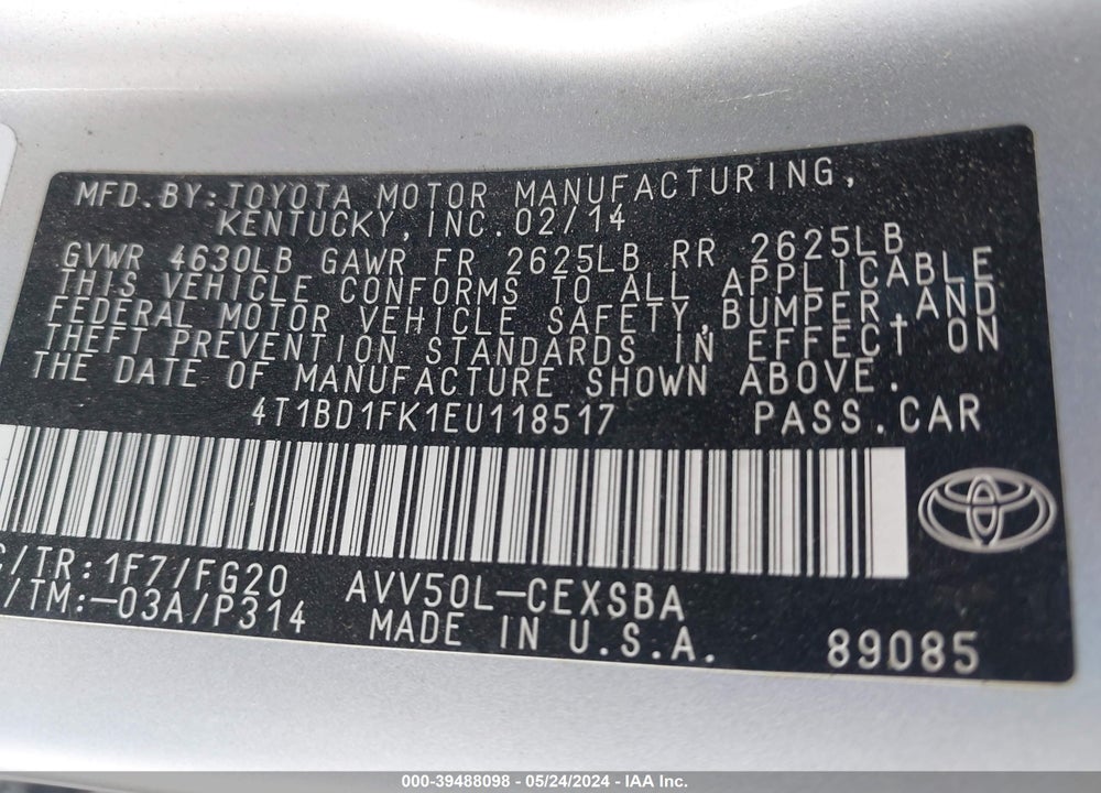 2014 TOYOTA CAMRY HYBRID SE LIMITED EDITION VIN: 4T1BD1FK1EU118517