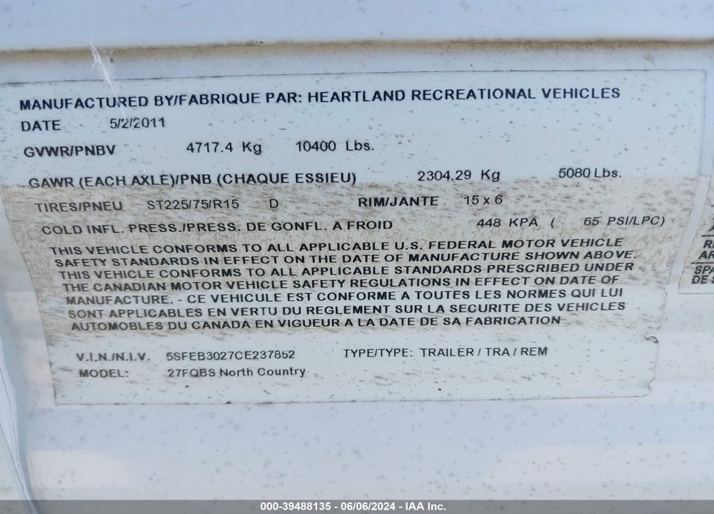 2012 HEARTLAND RVS TRAIL RUNNER SERIES VIN: 5SFEB3027CE237852