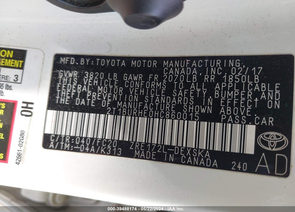 2017 TOYOTA COROLLA SE VIN: 2T1BURHE0HC860015