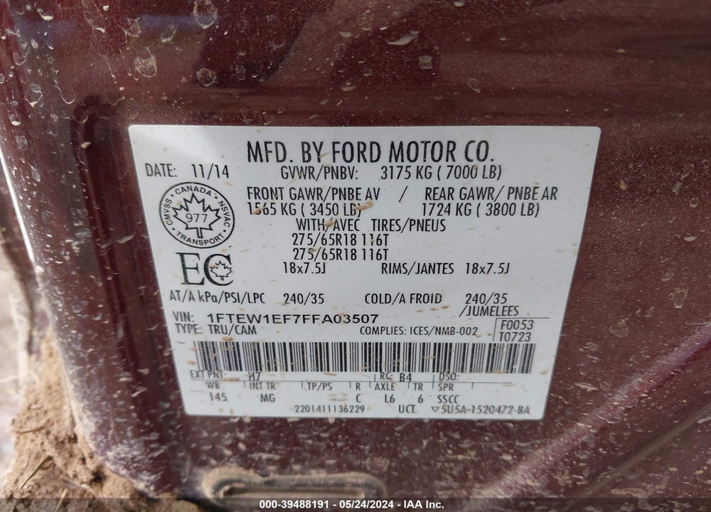 2015 FORD F-150 XLT VIN: 1FTEW1EF7FFA03507