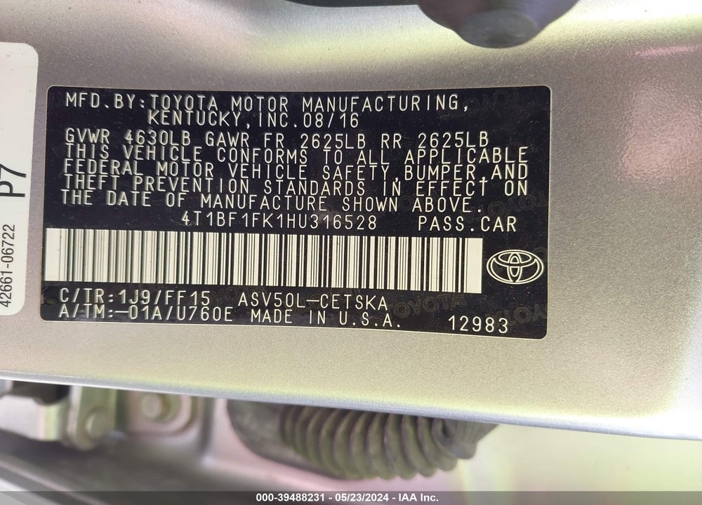 2017 TOYOTA CAMRY SE VIN: 4T1BF1FK1HU316528