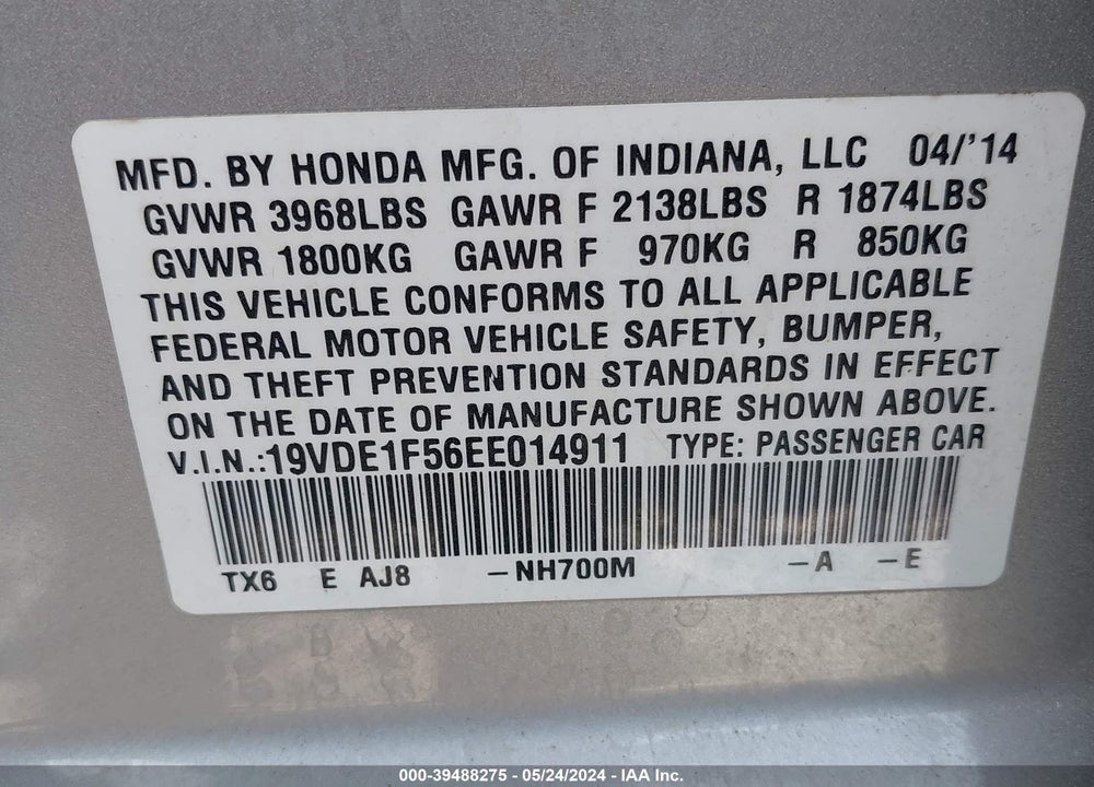 2014 ACURA ILX 2.0L VIN: 19VDE1F56EE014911