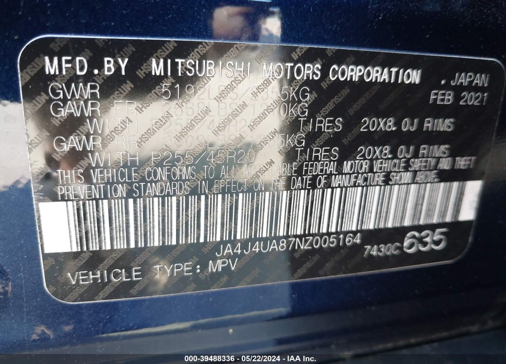 2022 MITSUBISHI OUTLANDER BLACK EDITION S-AWC/SE 2.5 S-AWC/SE LAUNCH EDITION S-AWC VIN: JA4J4UA87NZ005164