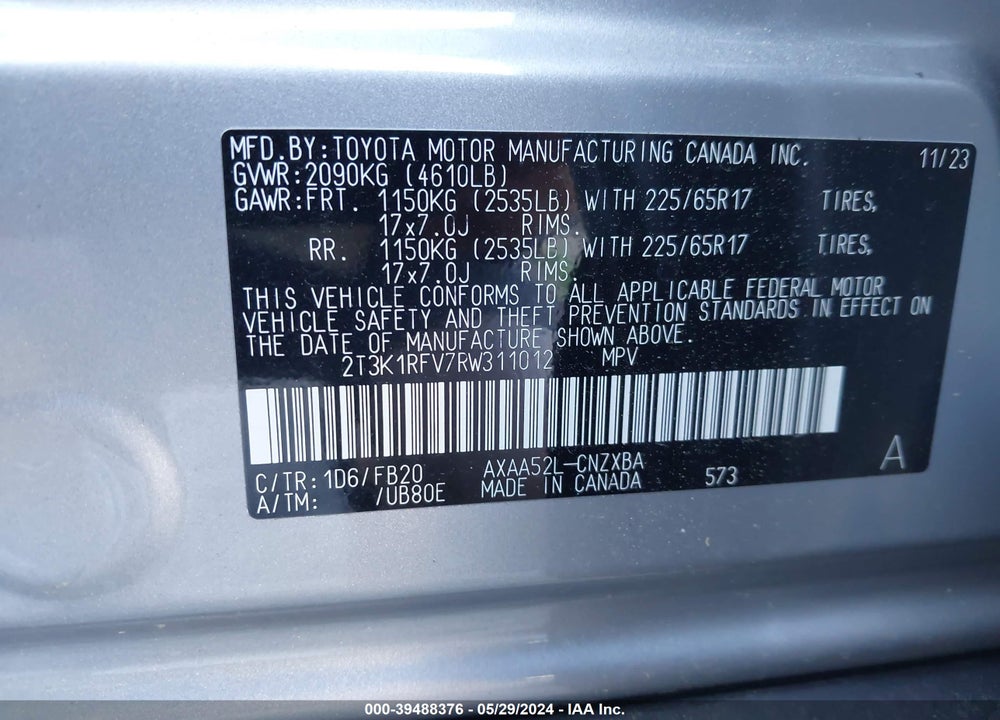 2024 TOYOTA RAV4 LE VIN: 2T3K1RFV7RW311012