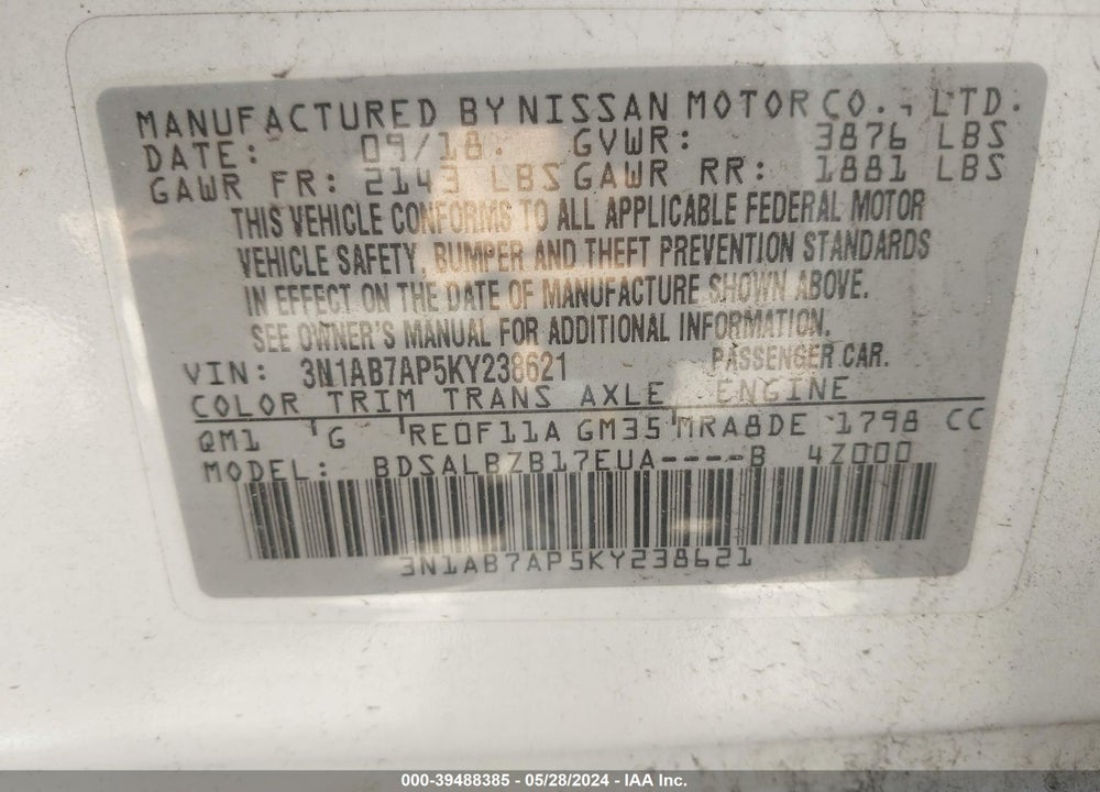2019 NISSAN SENTRA S VIN: 3N1AB7AP5KY238621