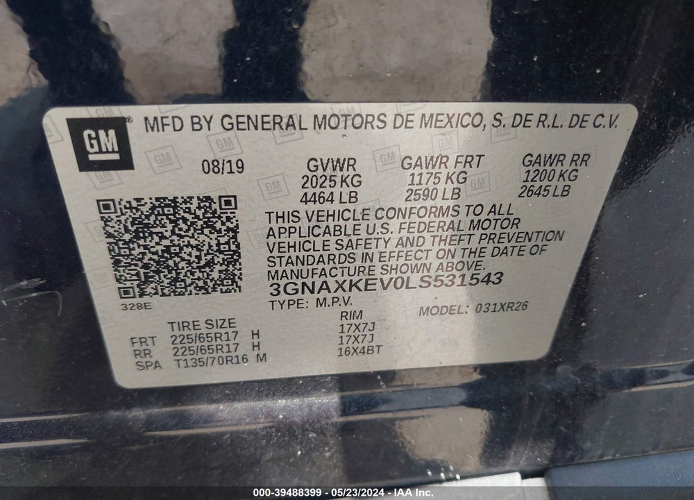 2020 CHEVROLET EQUINOX FWD LT 1.5L TURBO VIN: 3GNAXKEV0LS531543