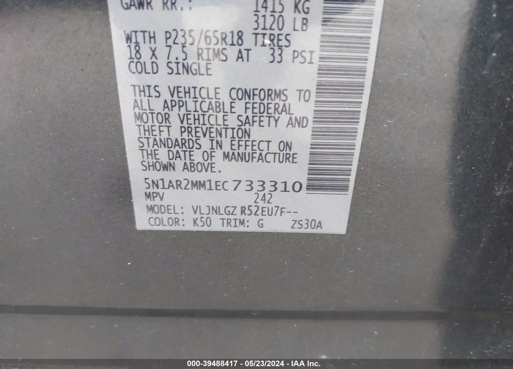 2014 NISSAN PATHFINDER SL VIN: 5N1AR2MM1EC733310