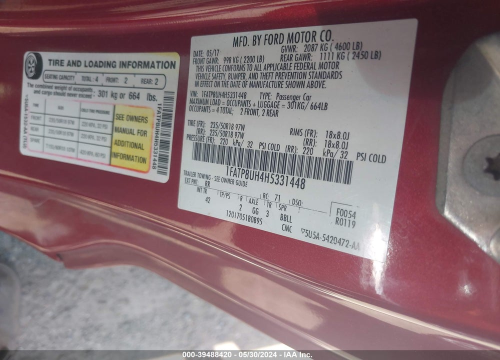 2017 FORD MUSTANG VIN: 1FATP8UH4H5331448